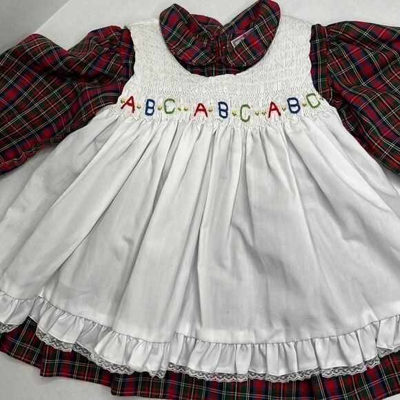 Petit Ami red Plaid dress white smocked embroidered pinafore Vintage size 2T EUC - Picture 1 of 14